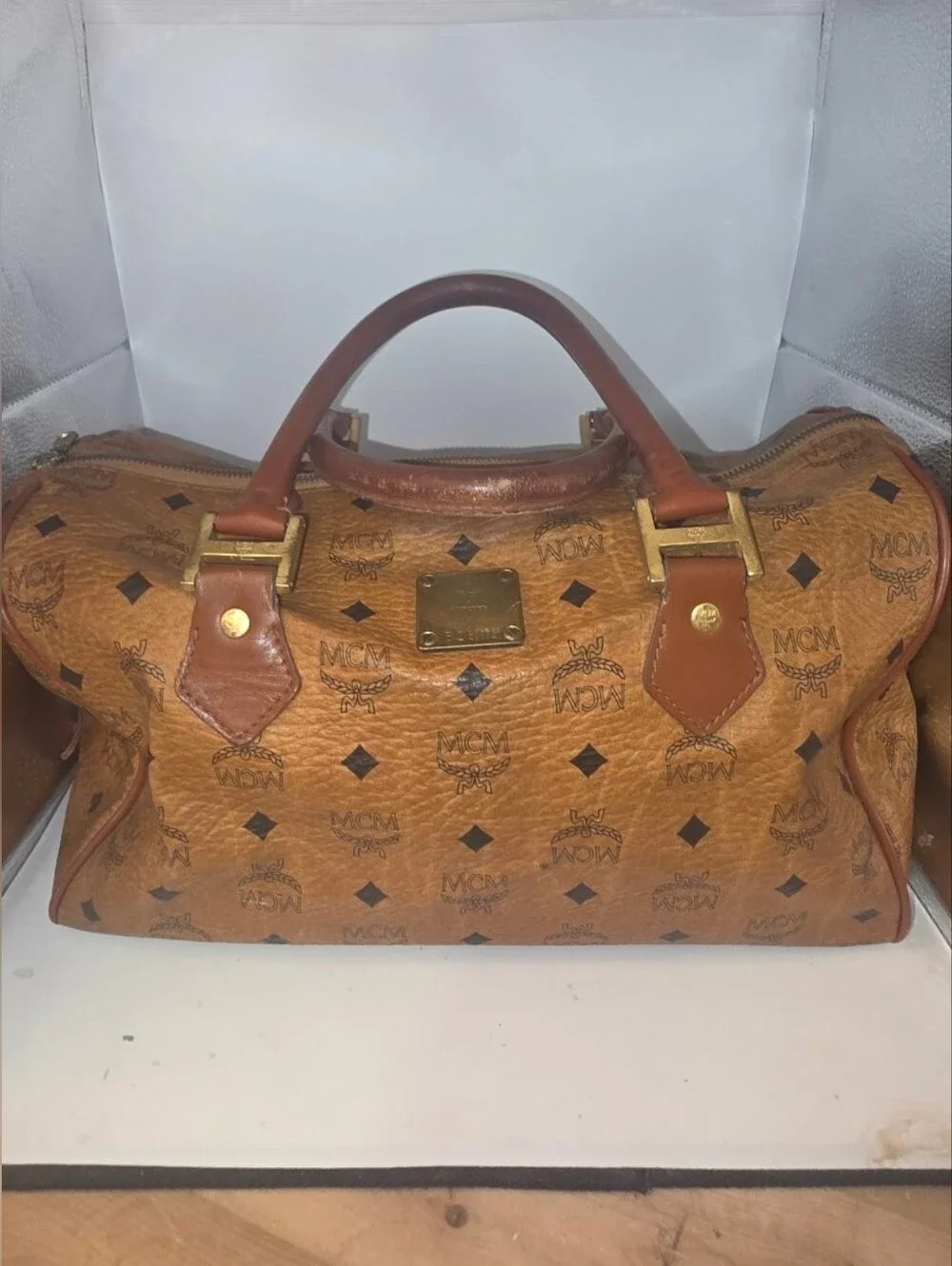 MCM Cognac Visetos Monogram Travel Duffel with Gold Hardware